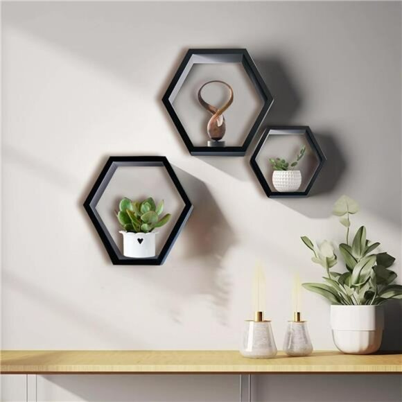 Set of 3 hexagon wall shelves wood floating honeycomb shelf rustic wall decor - Picture 2 of 8